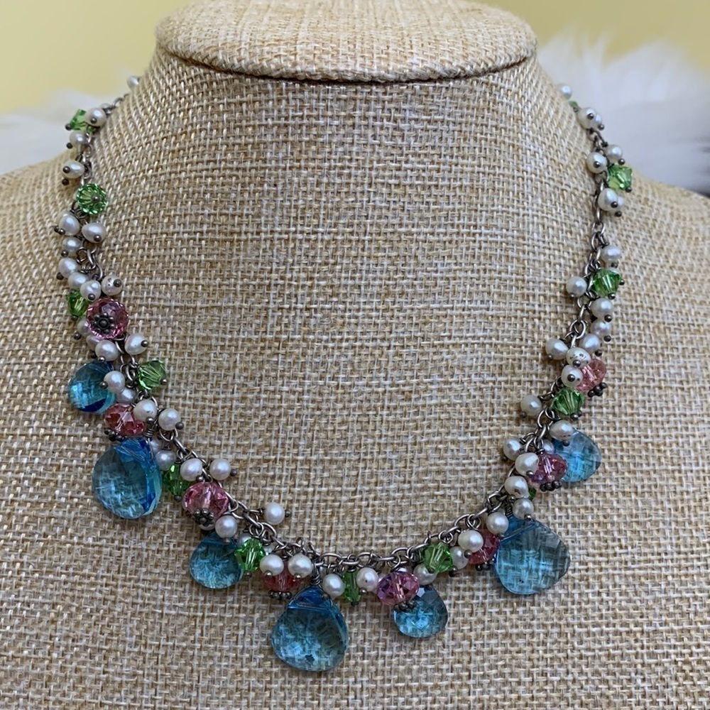Silver Swarovski Faceted Crystal Faux Pearl Beaded 925 Statement Necklace - Picture 1 of 16